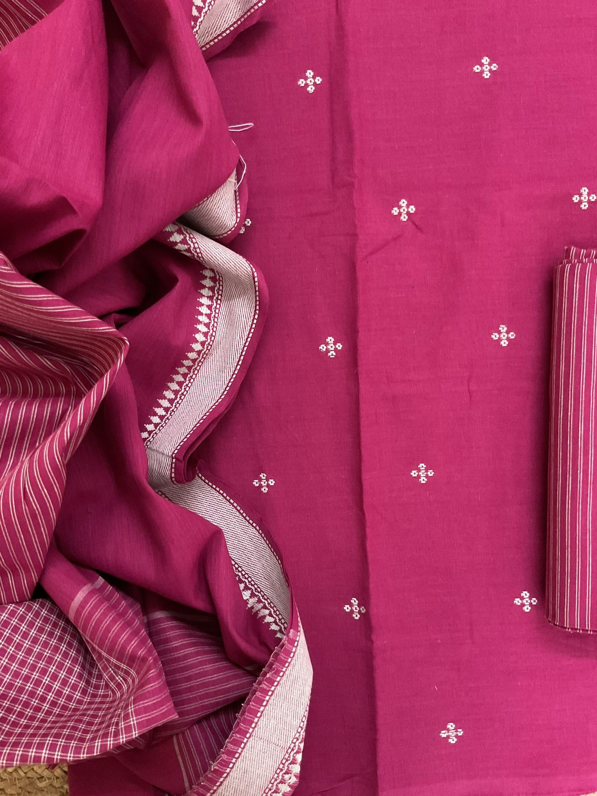 Pure Handloom Cotton Self Weaved Suit - Winish Pink