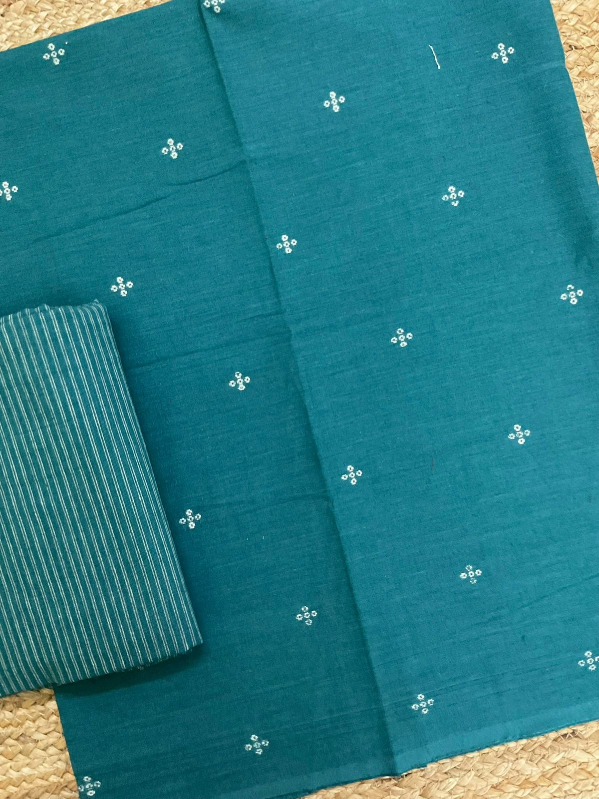 Pure Handloom Cotton Self Weaved Suit - Teal Blue