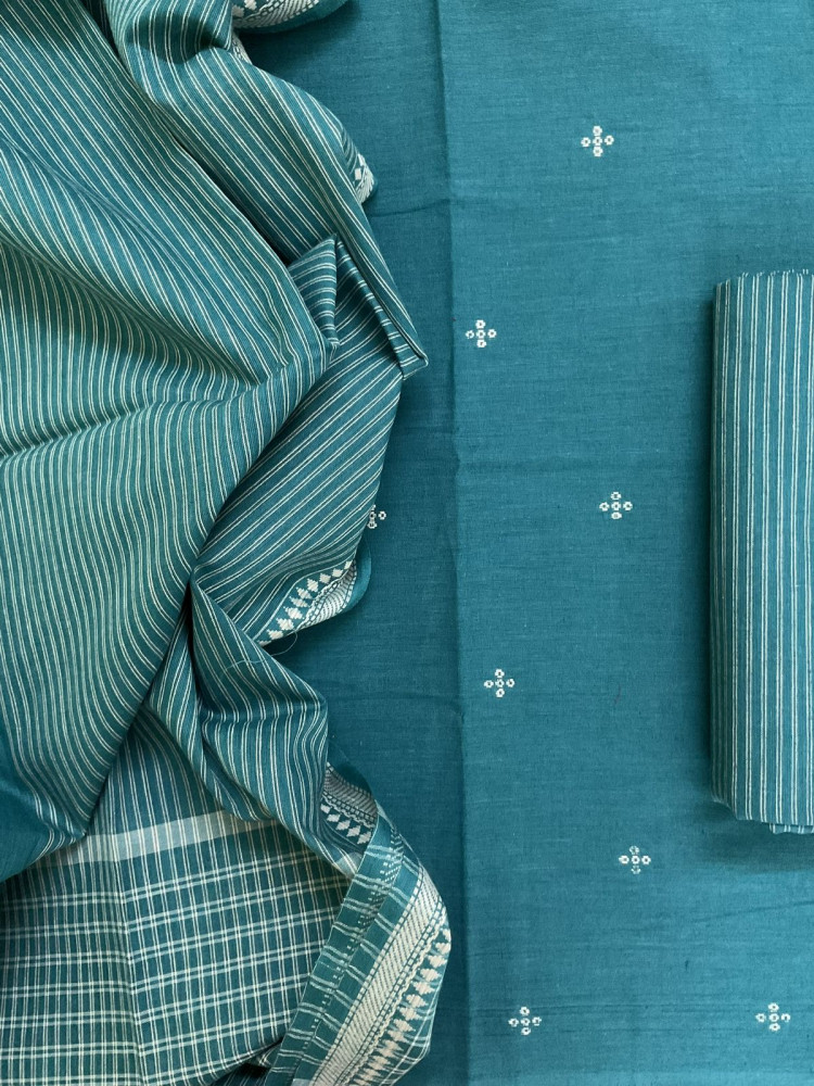 Image of Pure Handloom Cotton Self Weaved Suit - Teal Blue