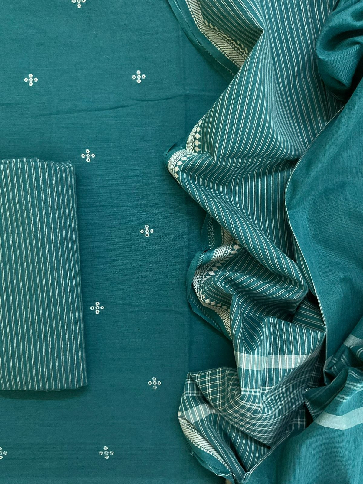 Pure Handloom Cotton Self Weaved Suit - Teal Blue