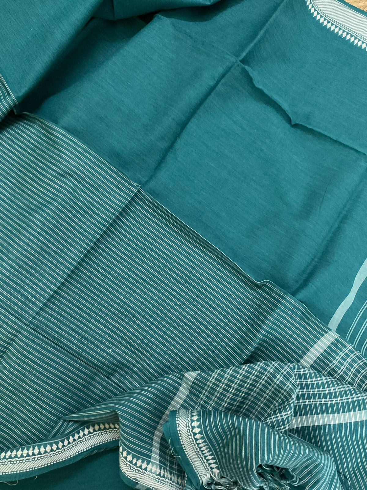 Pure Handloom Cotton Self Weaved Suit - Teal Blue