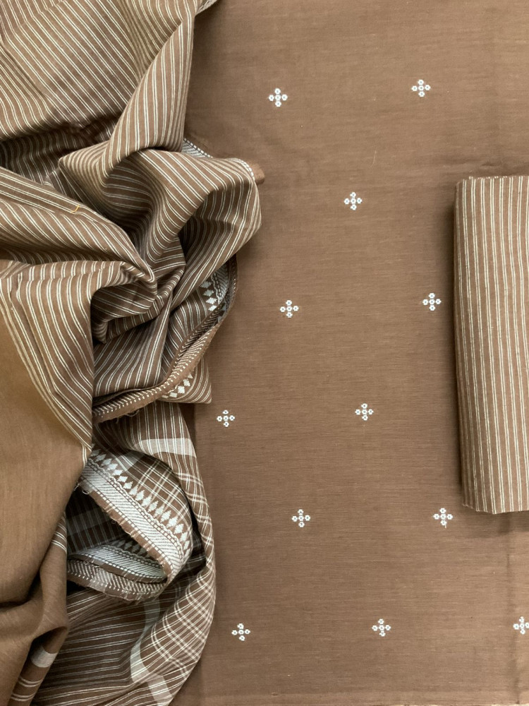 Image of Pure Handloom Cotton Self Weaved Suit - Brown