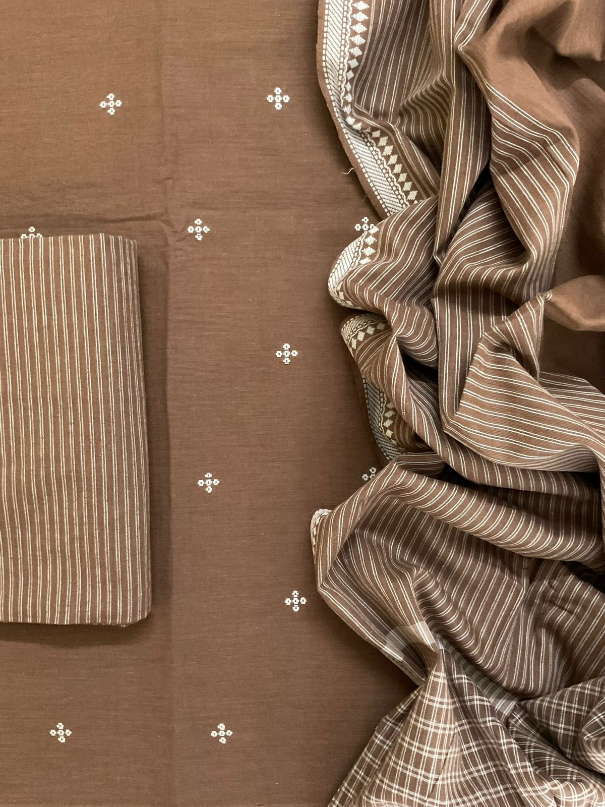Pure Handloom Cotton Self Weaved Suit - Brown