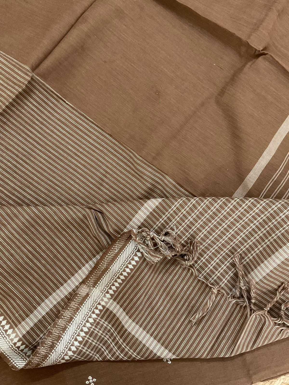 Pure Handloom Cotton Self Weaved Suit - Brown