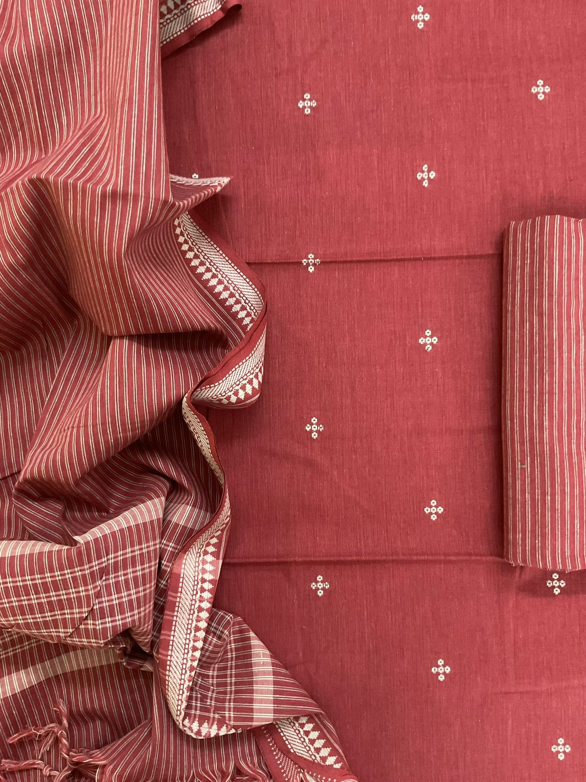 Pure Handloom Cotton Self Weaved Suit - Brick Red