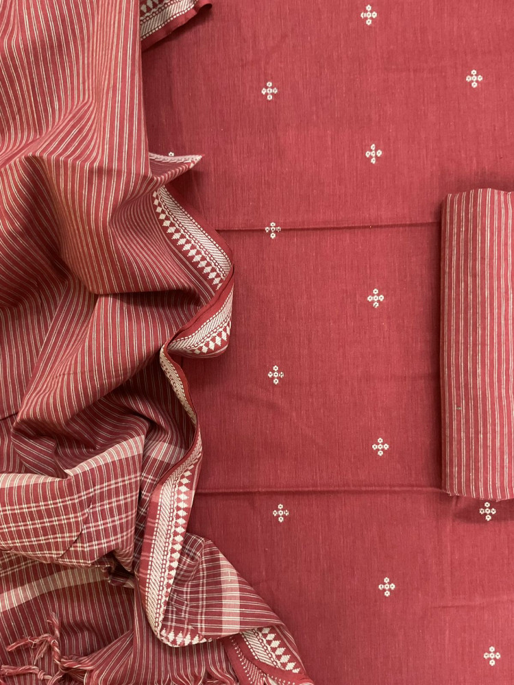 Image of Pure Handloom Cotton Self Weaved Suit - Brick Red