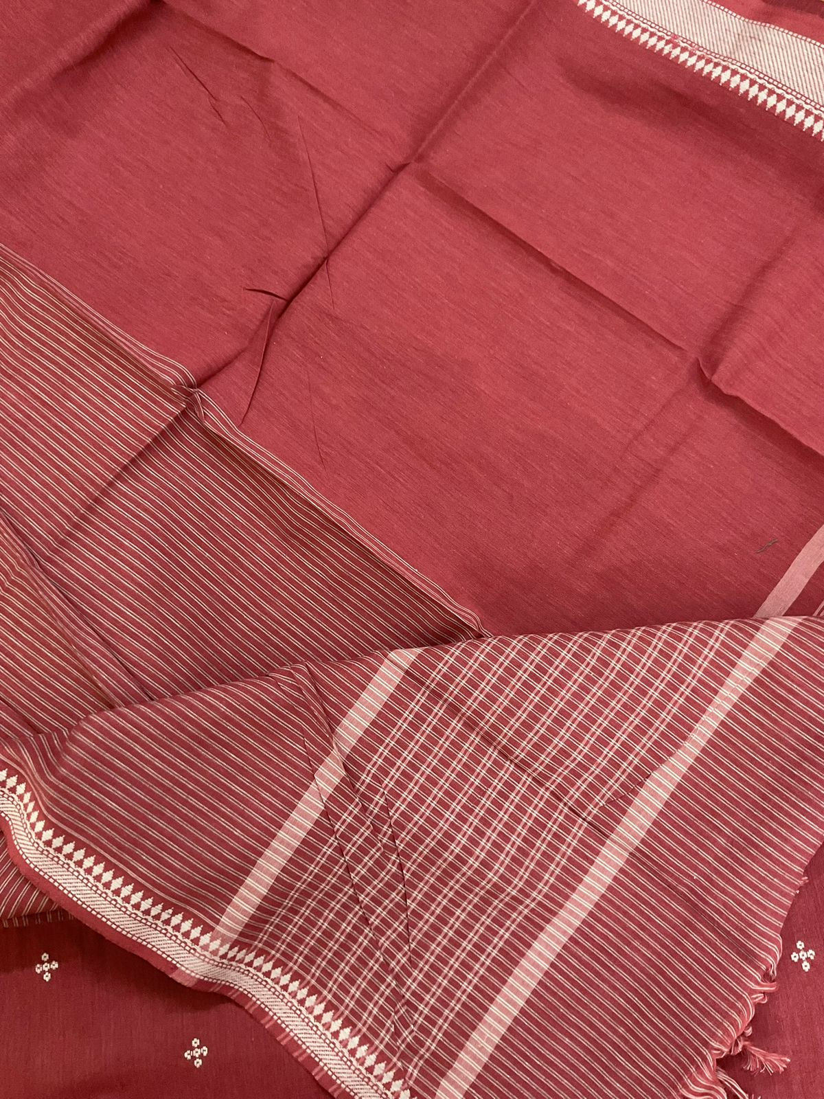 Pure Handloom Cotton Self Weaved Suit - Brick Red