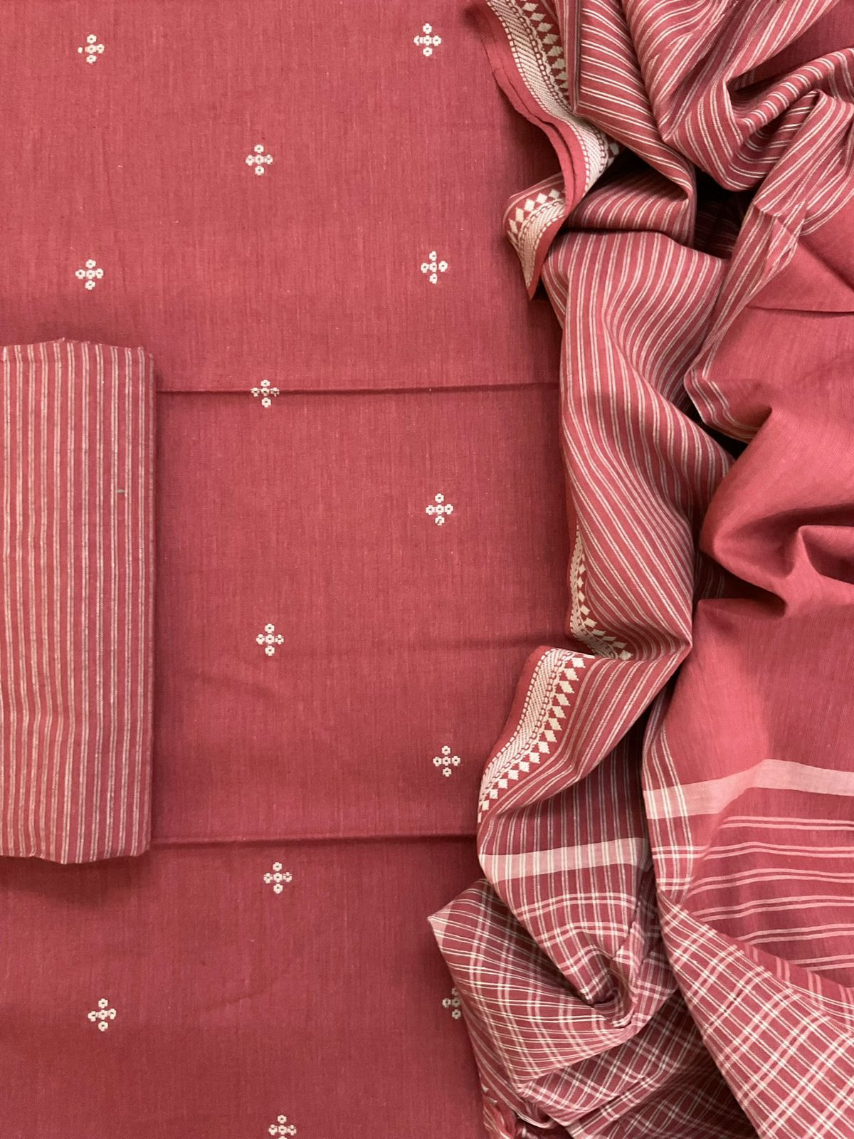 Pure Handloom Cotton Self Weaved Suit - Brick Red