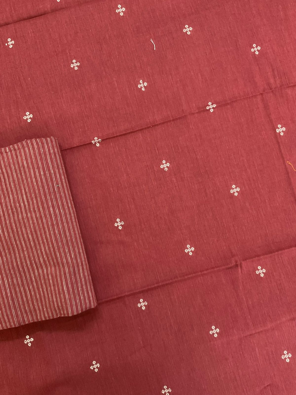 Pure Handloom Cotton Self Weaved Suit - Brick Red