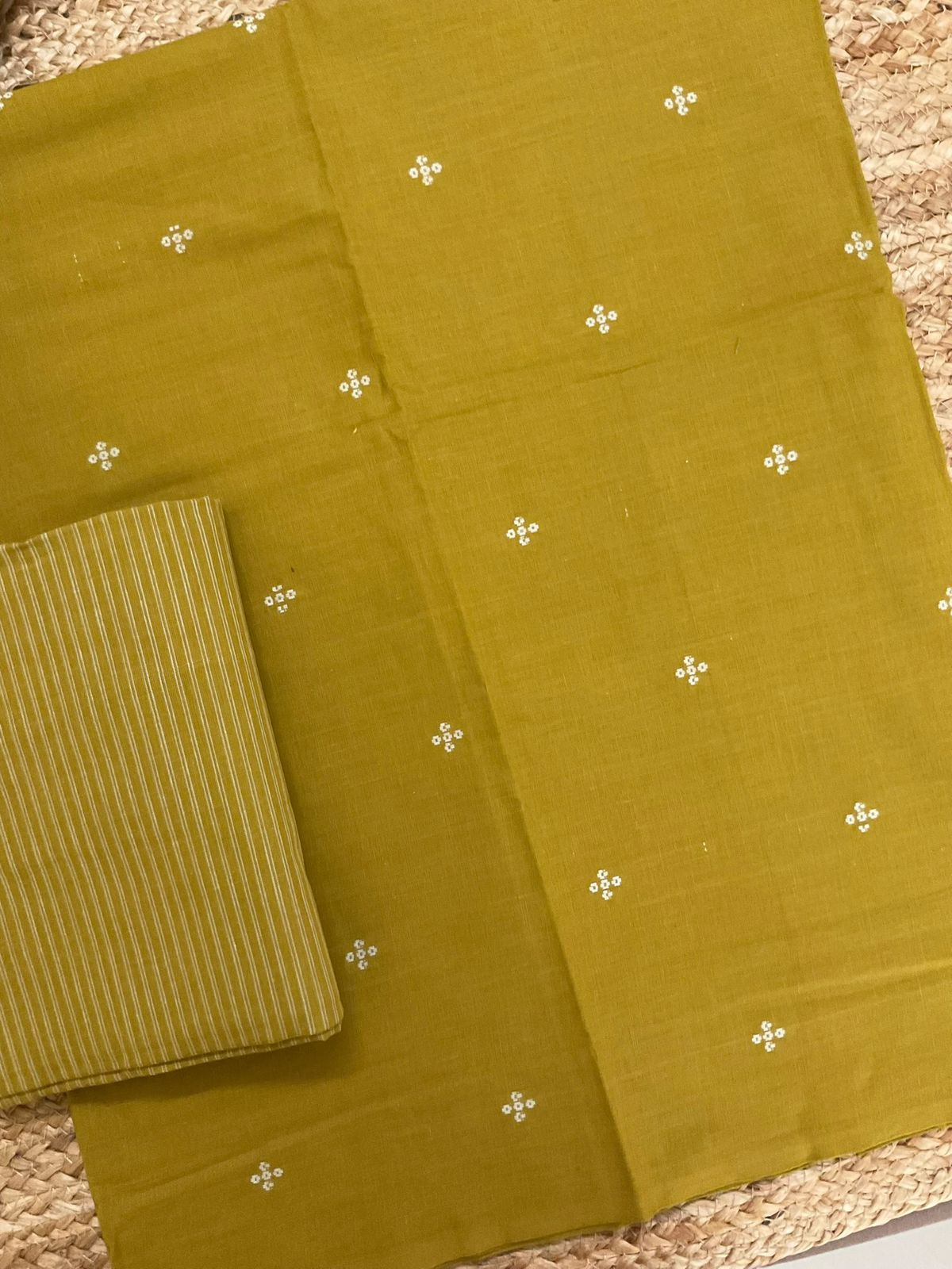 Pure Handloom Cotton Self Weaved Suit - Greenish Yellow