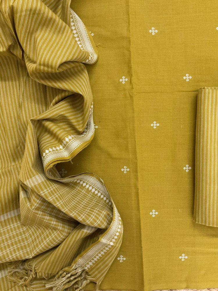 Image of Pure Handloom Cotton Self Weaved Suit - Greenish Yellow