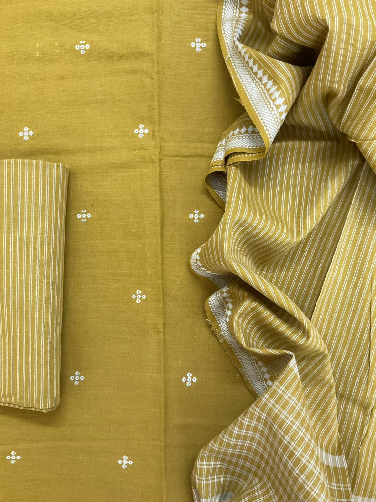 Pure Handloom Cotton Self Weaved Suit - Greenish Yellow