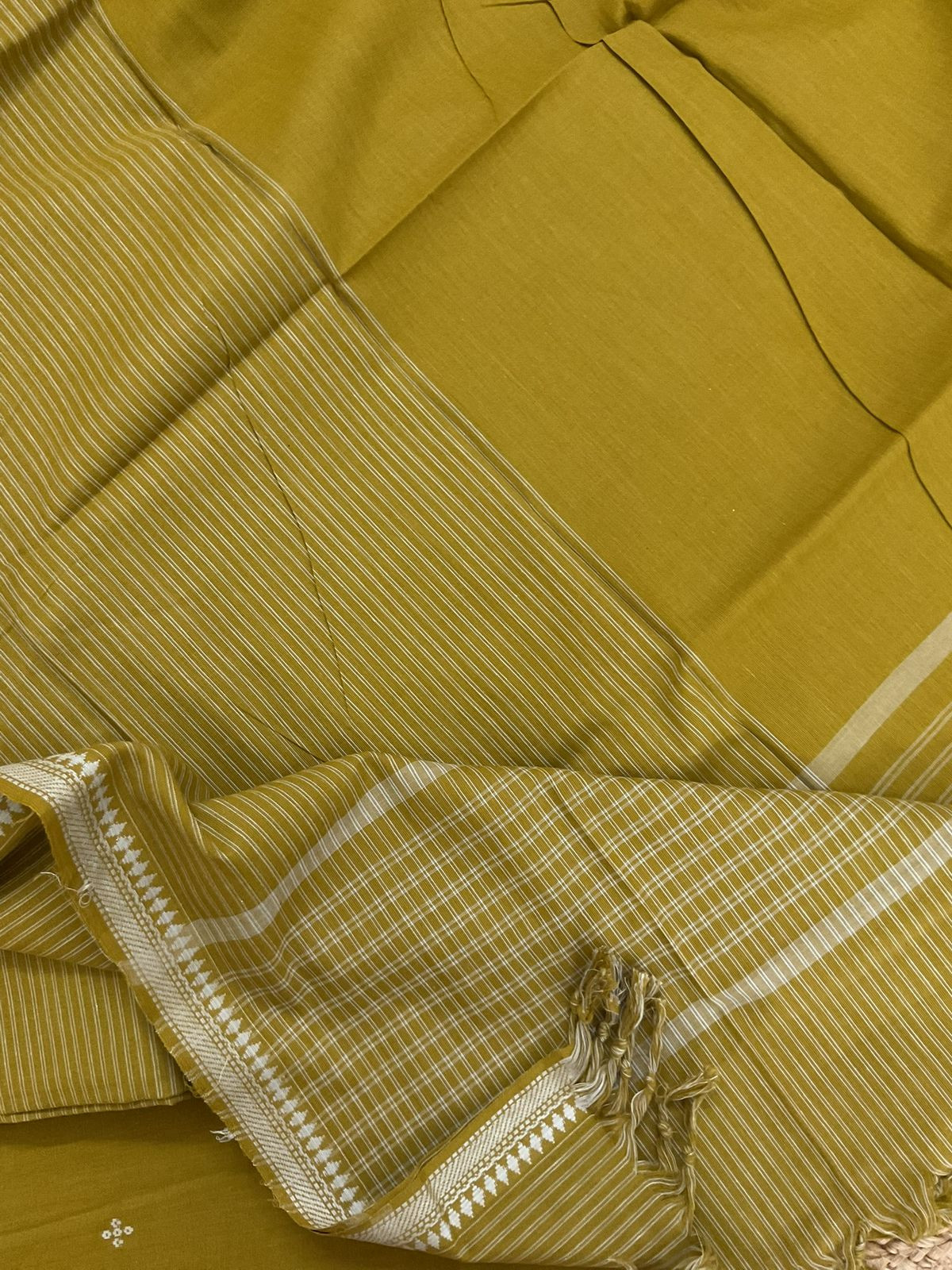 Pure Handloom Cotton Self Weaved Suit - Greenish Yellow