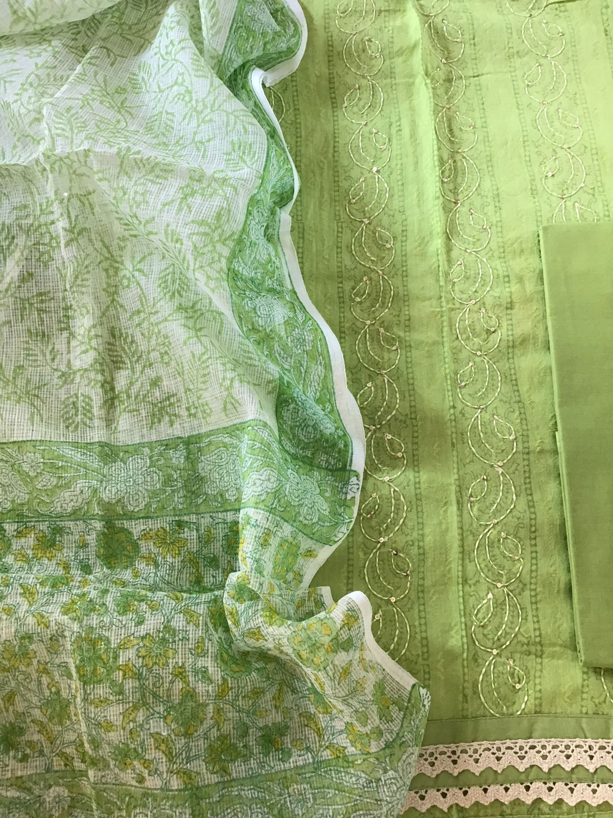 Pure Cotton Printed Embroidered Suit - Green