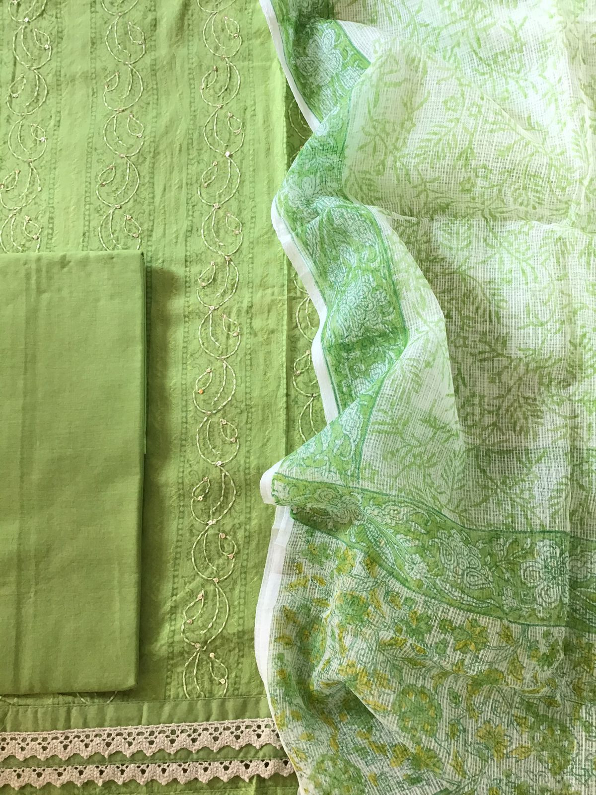 Pure Cotton Printed Embroidered Suit - Green