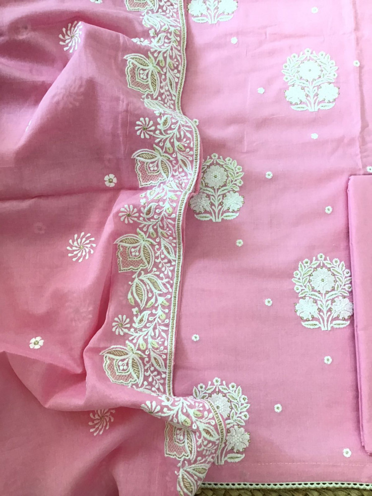 Image of Pure Mul Cotton Embroidered Suit - Pink