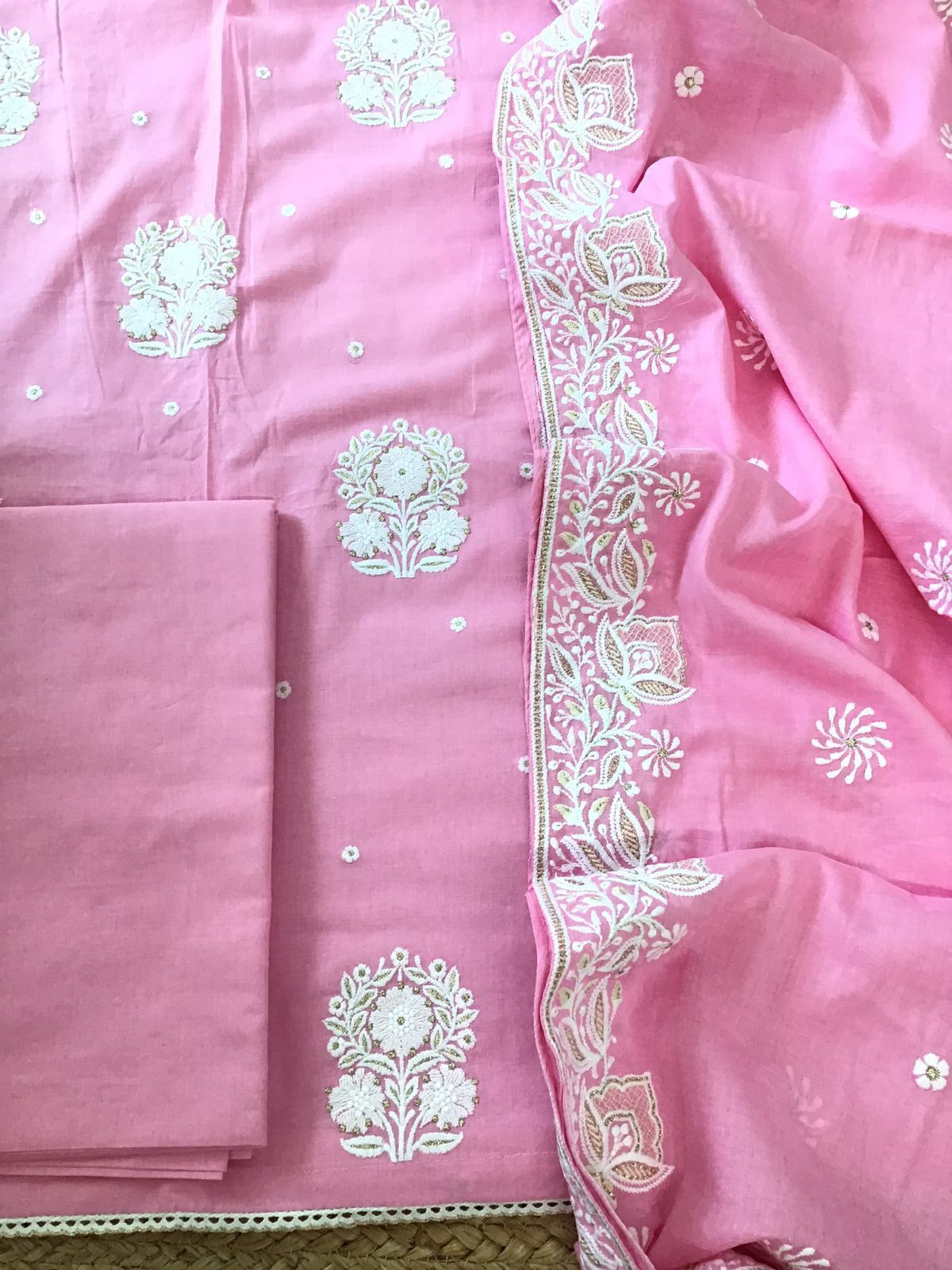 Pure Mul Cotton Embroidered Suit - Pink