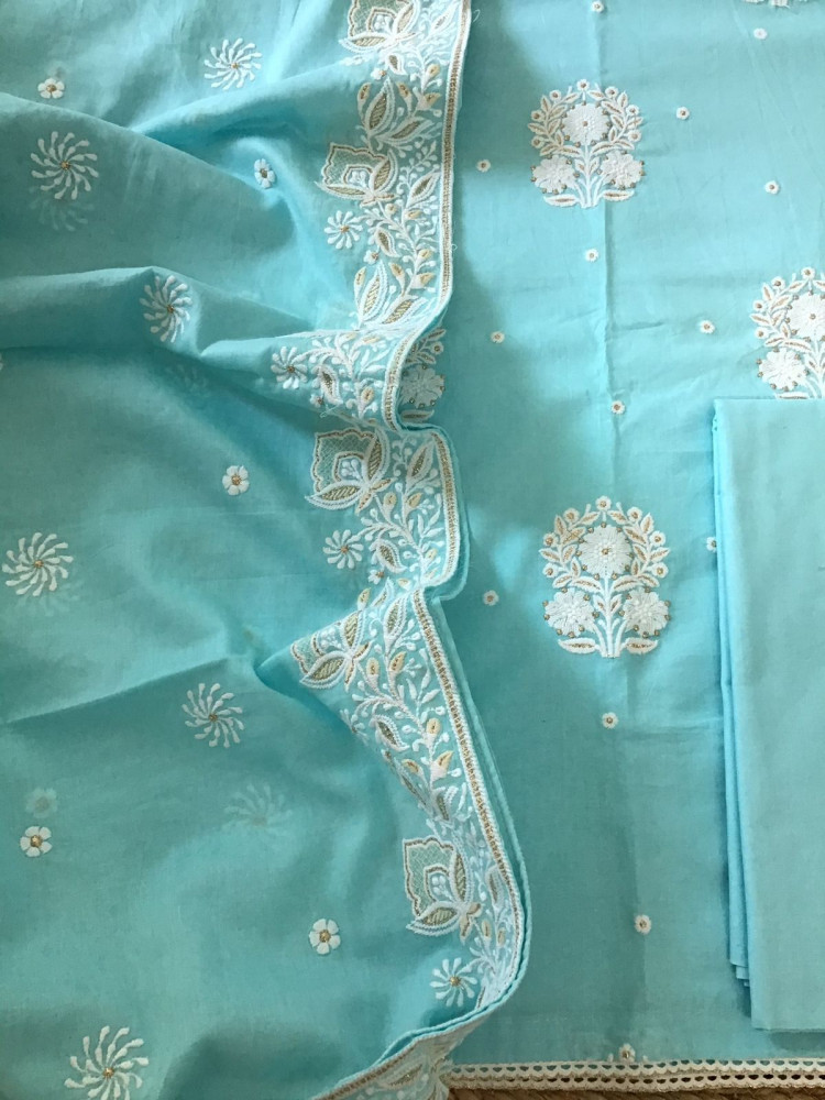 Image of Pure Mul Cotton Embroidered Suit - Blue