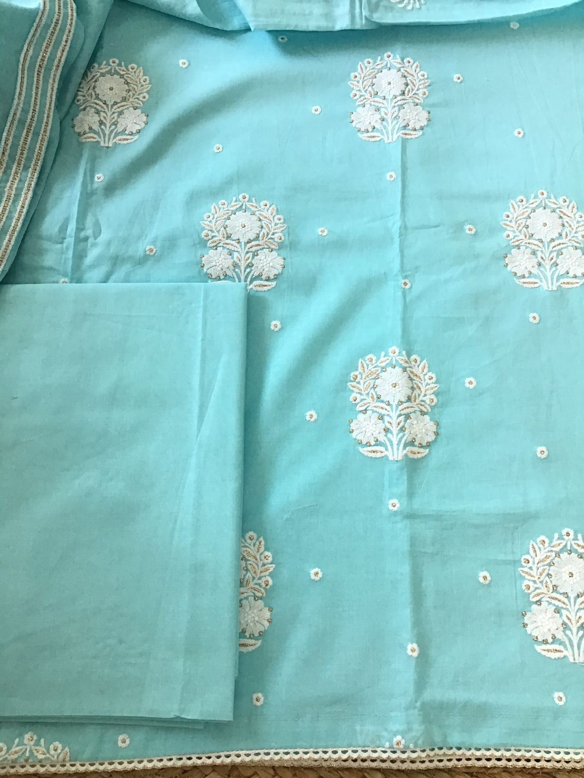 Pure Mul Cotton Embroidered Suit - Blue