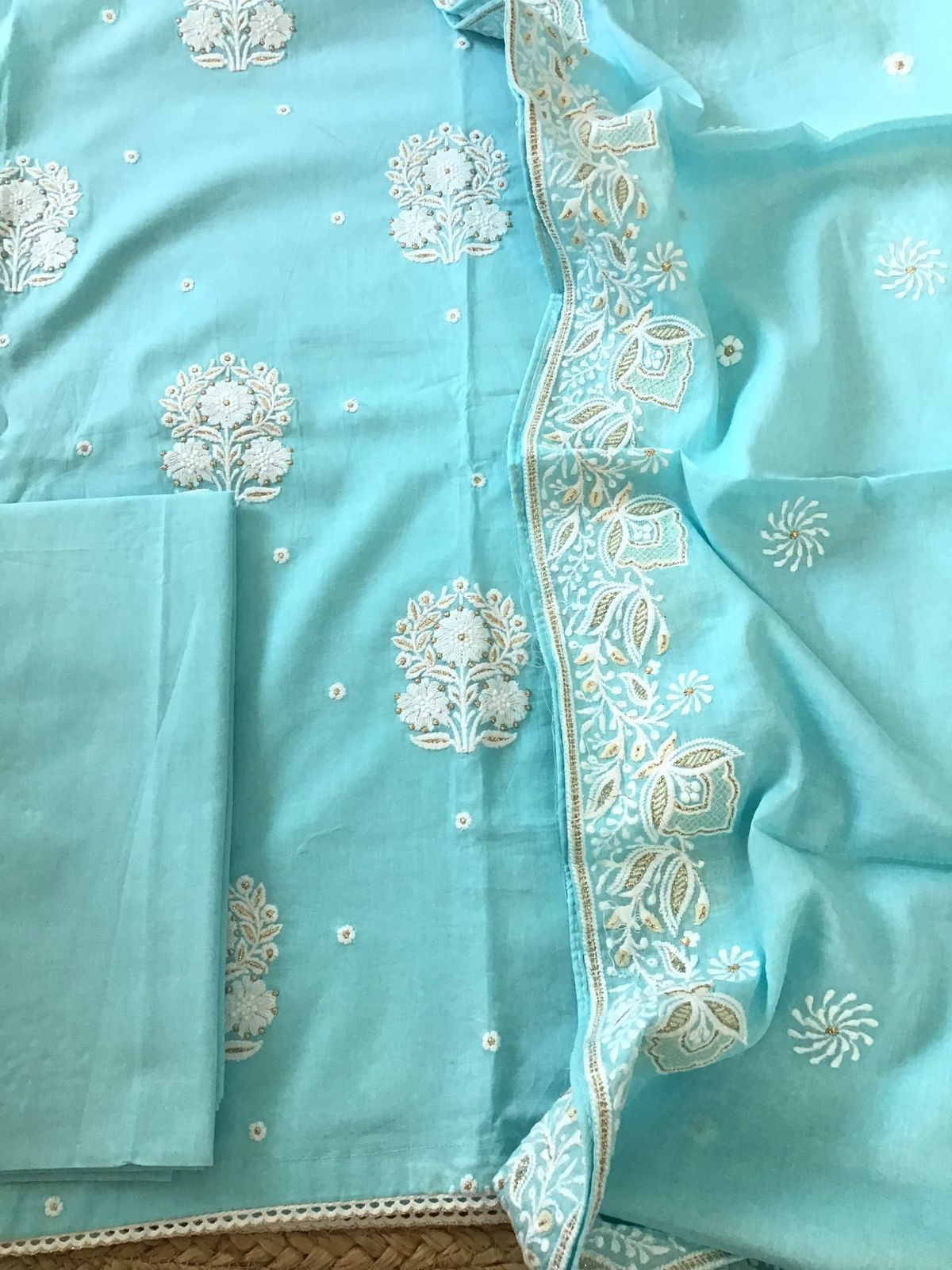 Pure Mul Cotton Embroidered Suit - Blue