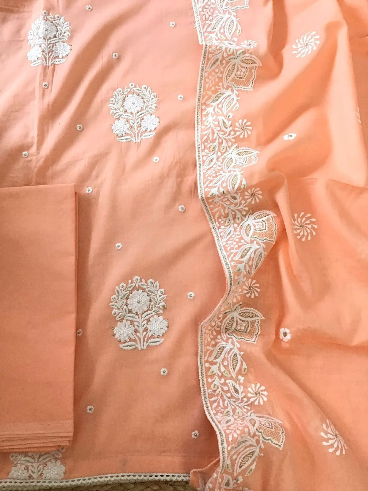 Pure Mul Cotton Embroidered Suit - Peach