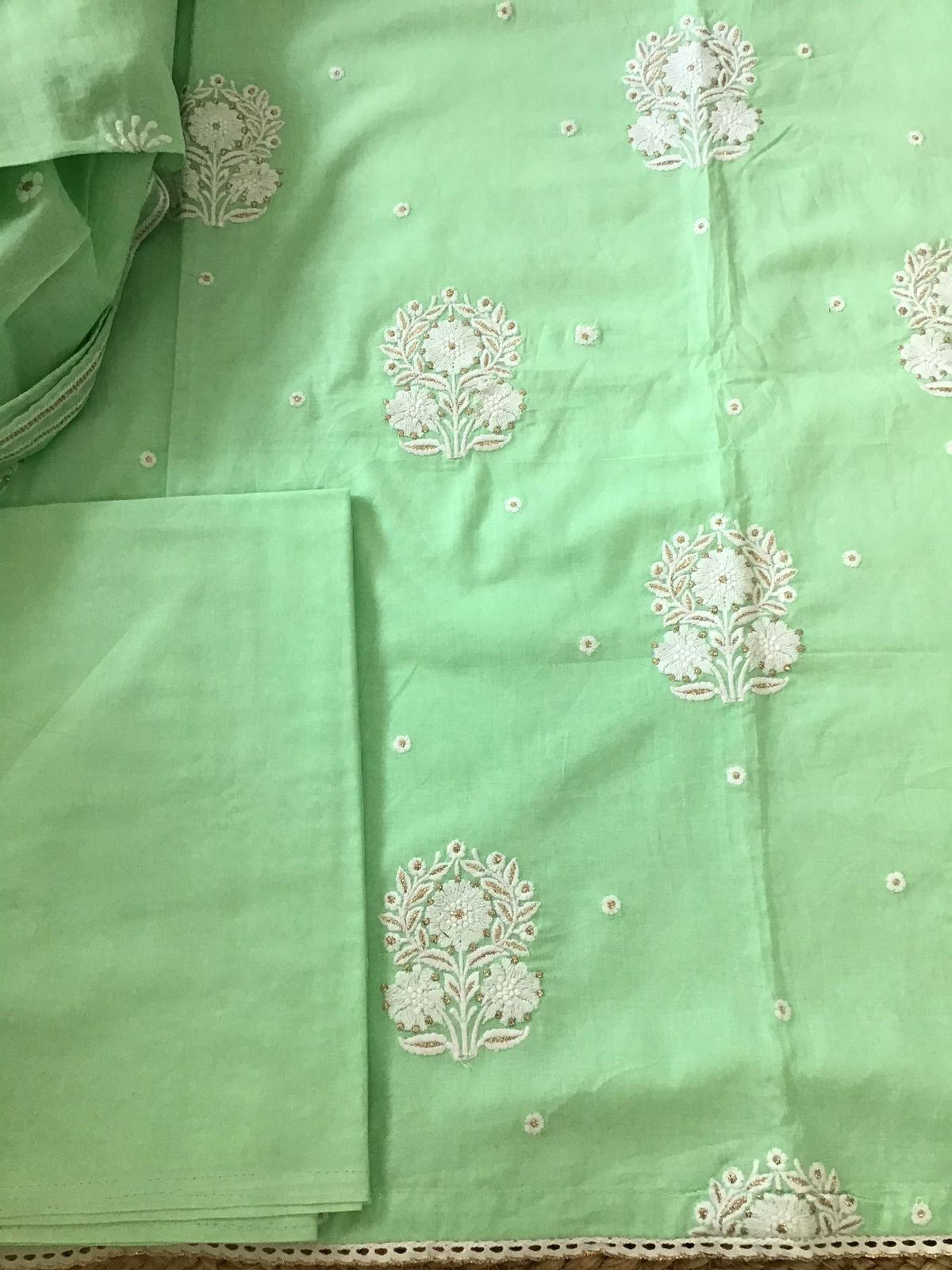 Pure Mul Cotton Embroidered Suit - Green