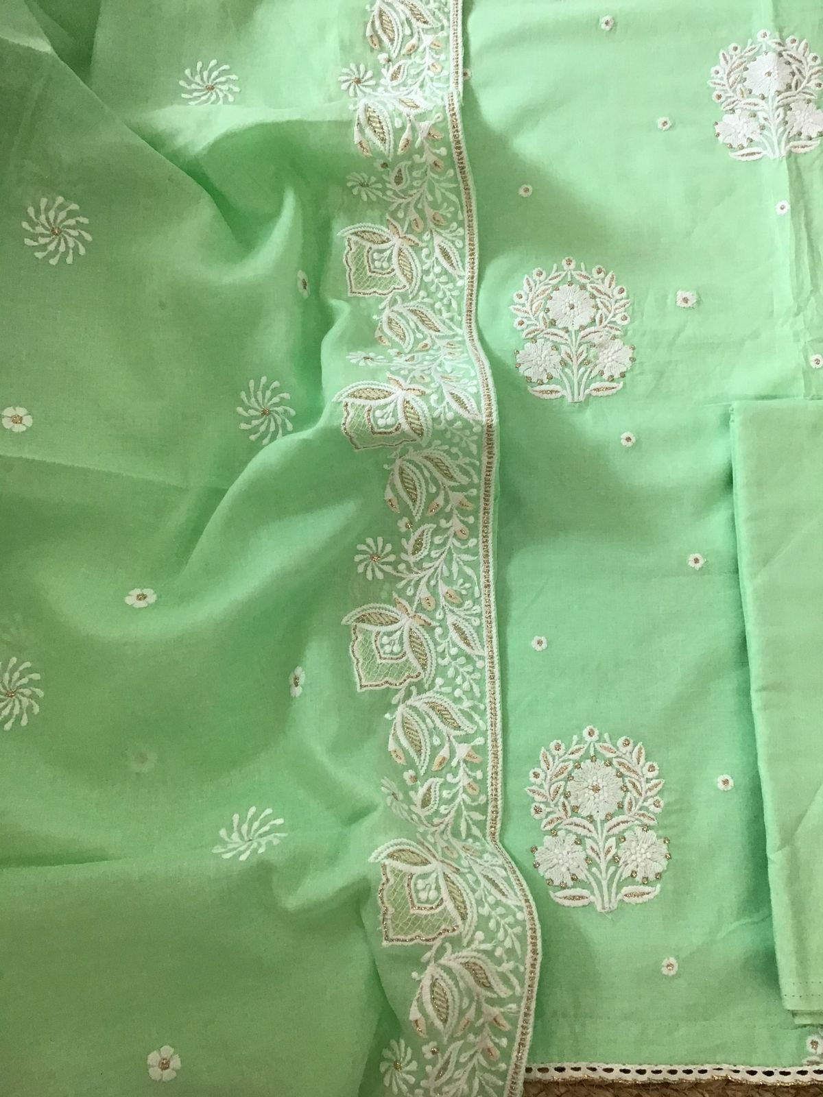 Pure Mul Cotton Embroidered Suit - Green