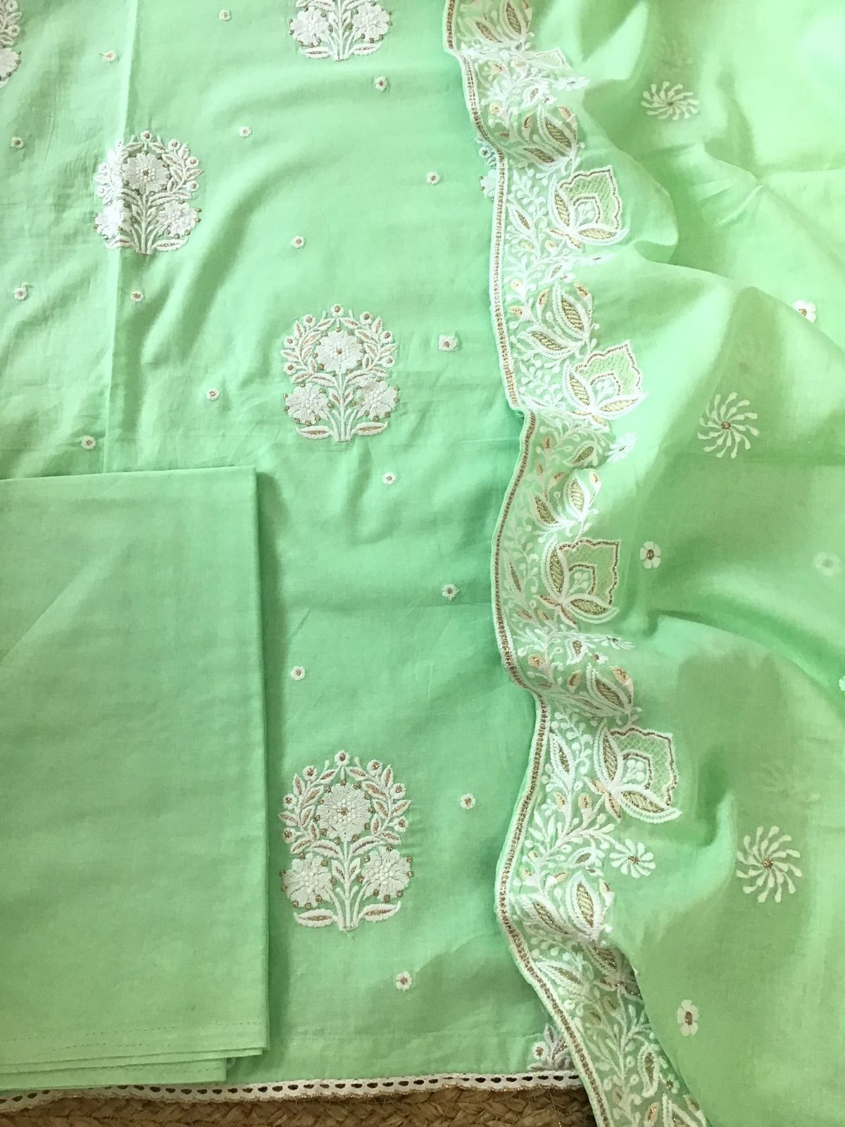Pure Mul Cotton Embroidered Suit - Green