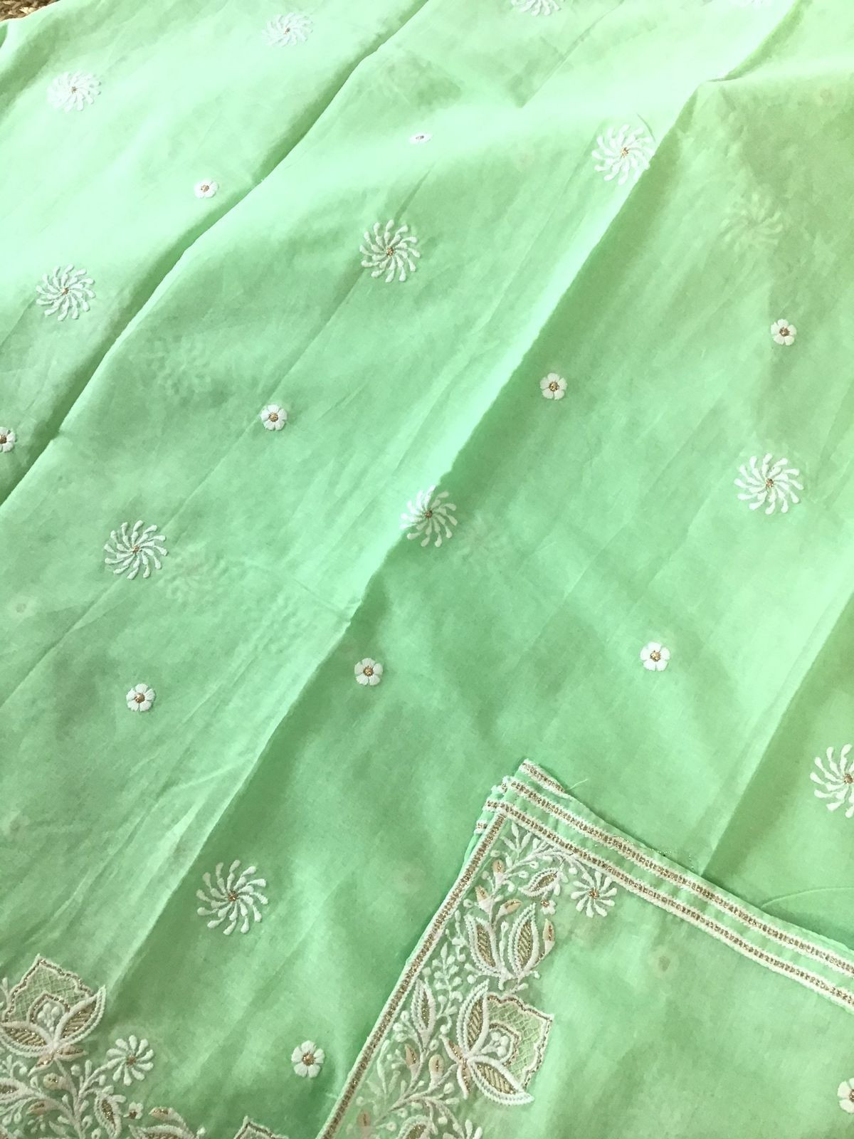 Pure Mul Cotton Embroidered Suit - Green