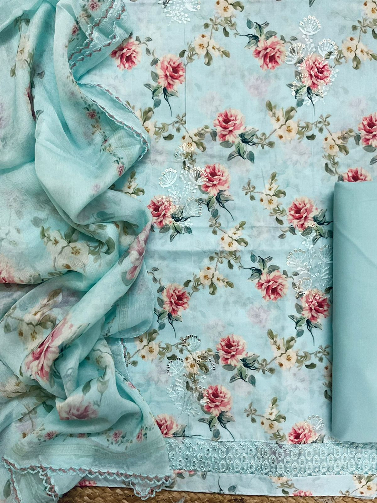 Pure Jaam Cotton Printed Embroidered Suit - Sea Blue