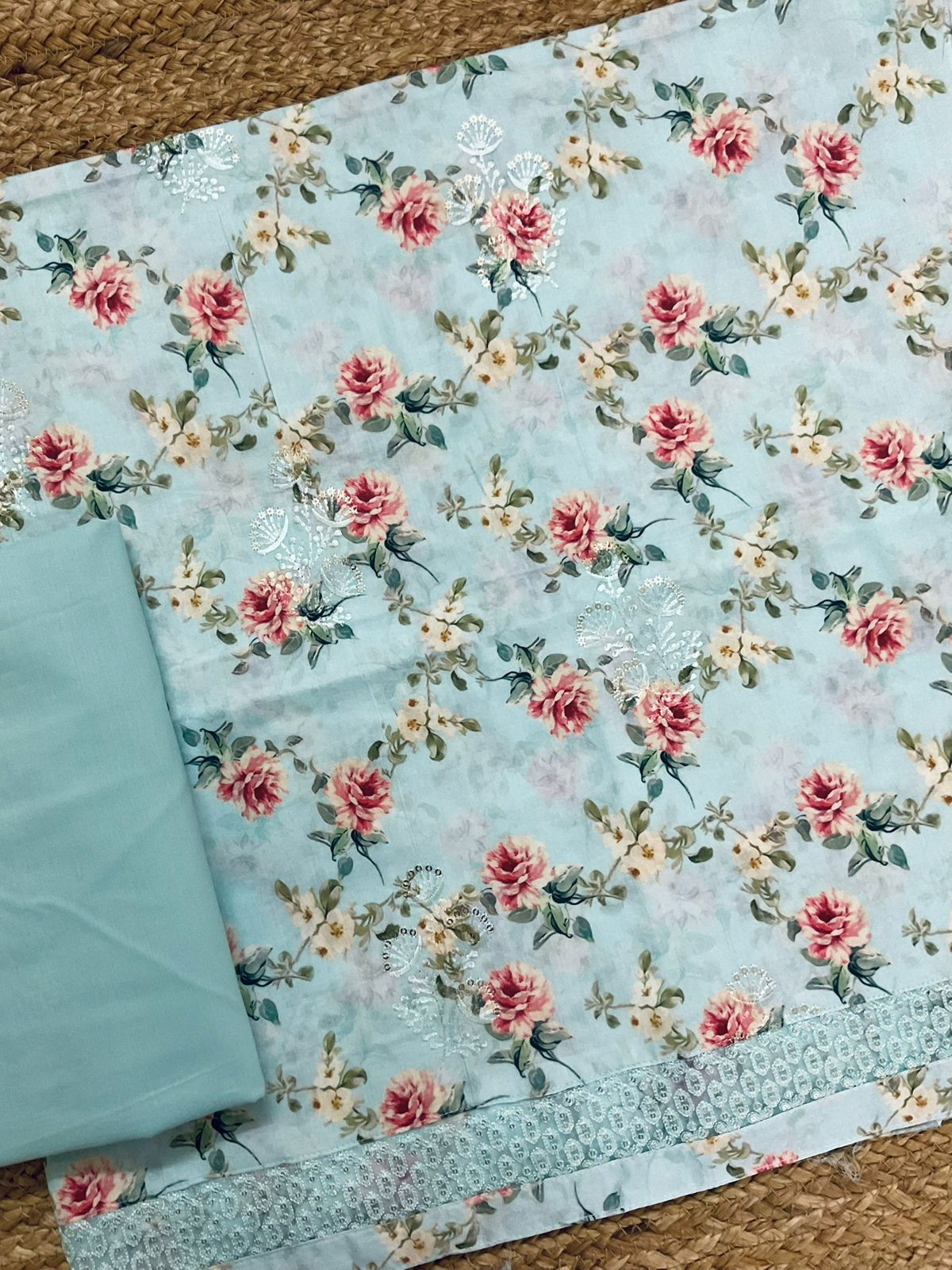 Pure Jaam Cotton Printed Embroidered Suit - Sea Blue