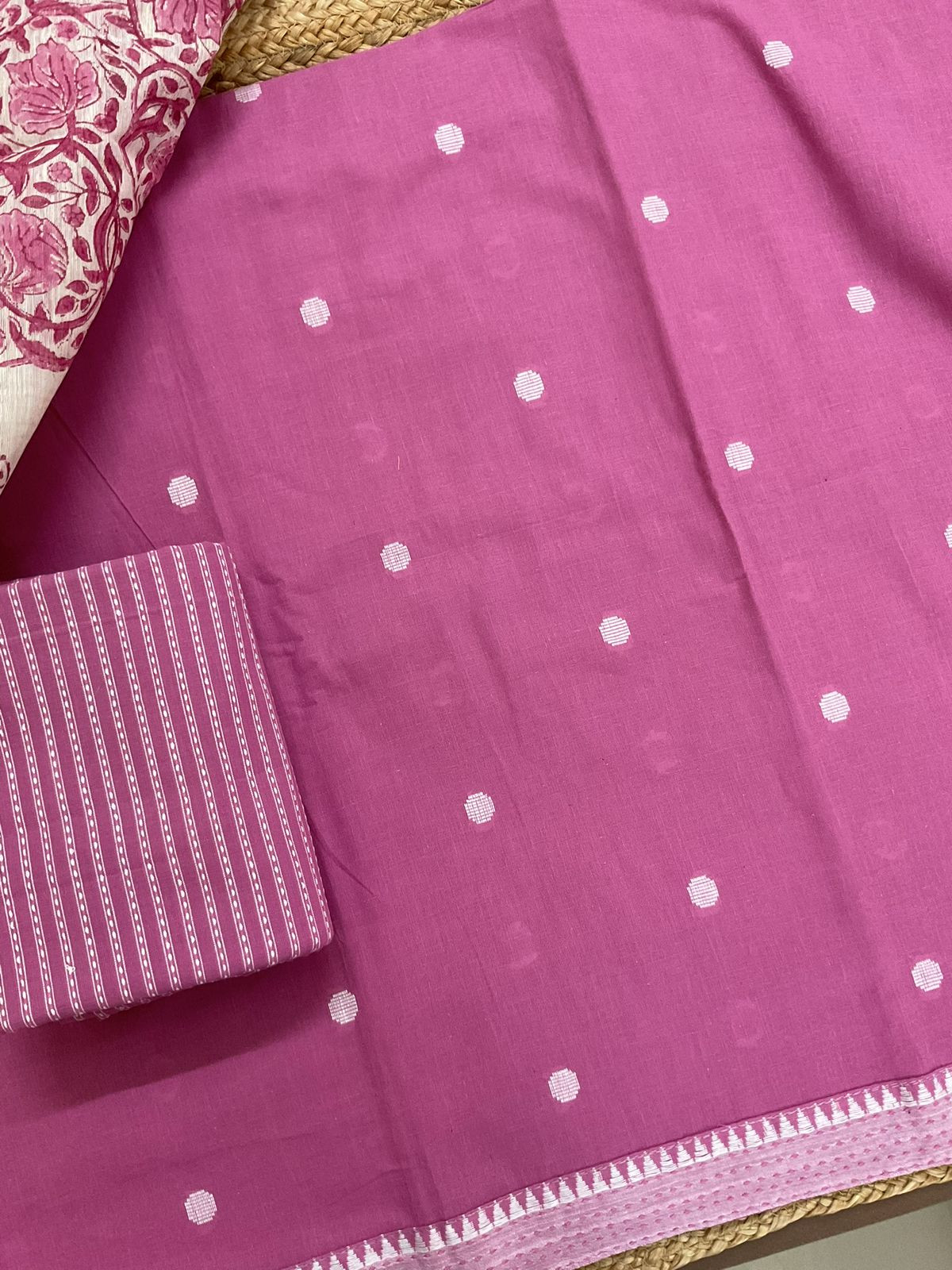 Pure Handloom Cotton Printed Self Weaved Suit - Pink