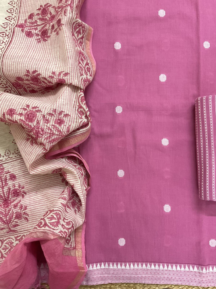 Image of Pure Handloom Cotton Printed Self Weaved Suit - Pink