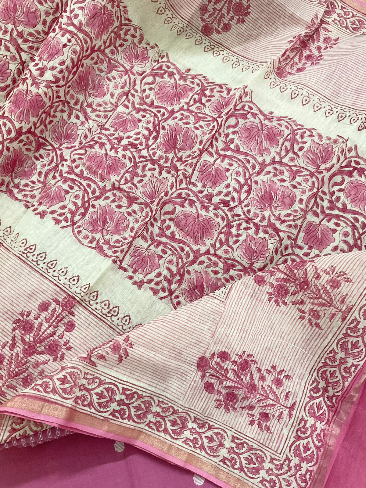 Pure Handloom Cotton Printed Self Weaved Suit - Pink