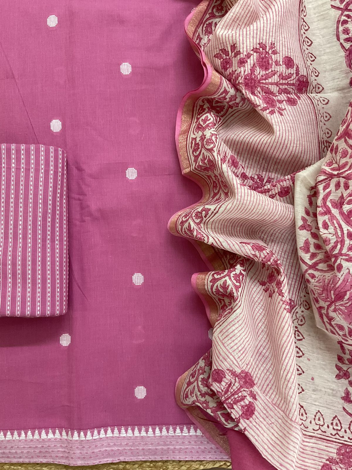 Pure Handloom Cotton Printed Self Weaved Suit - Pink
