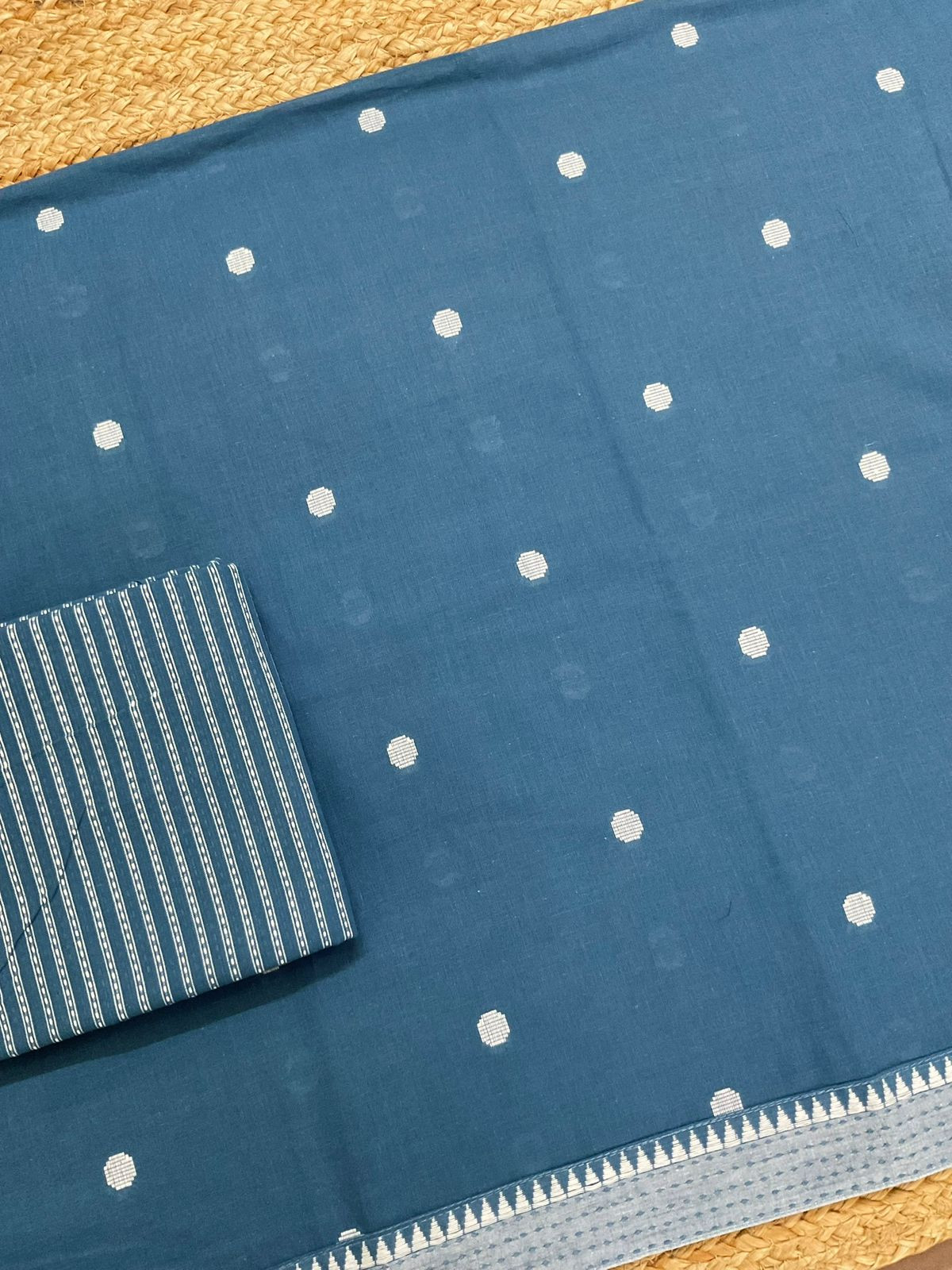 Pure Handloom Cotton Printed Self Weaved Suit - Blue