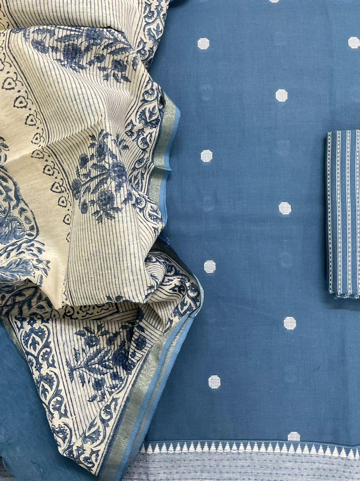 Pure Handloom Cotton Printed Self Weaved Suit - Blue