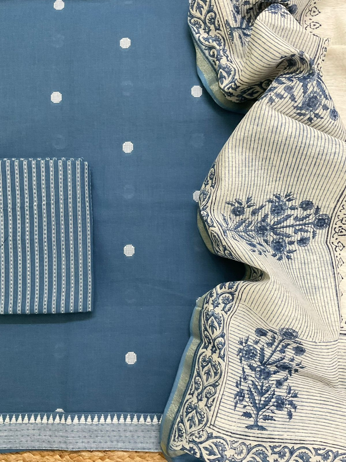 Pure Handloom Cotton Printed Self Weaved Suit - Blue