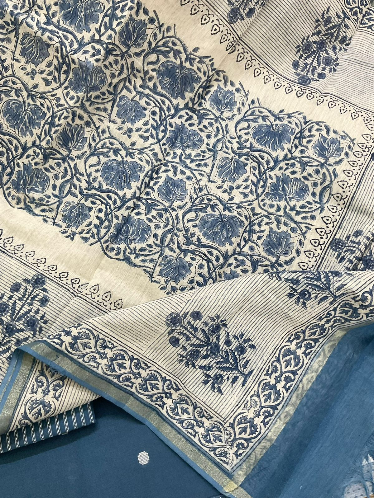 Pure Handloom Cotton Printed Self Weaved Suit - Blue