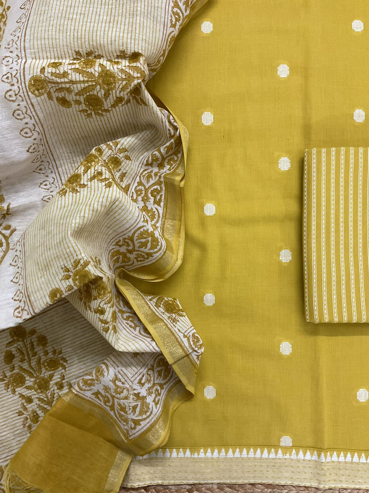 Pure Handloom Cotton Printed Self Weaved Suit - Yellow