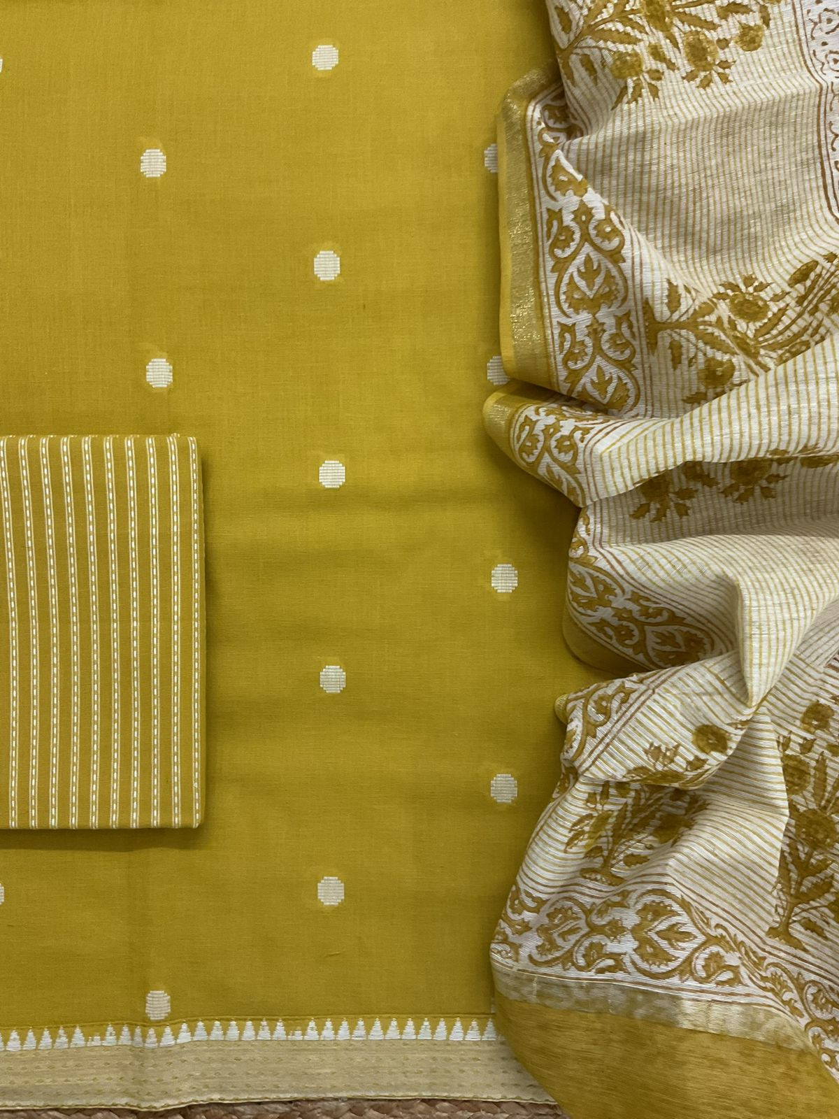 Pure Handloom Cotton Printed Self Weaved Suit - Yellow