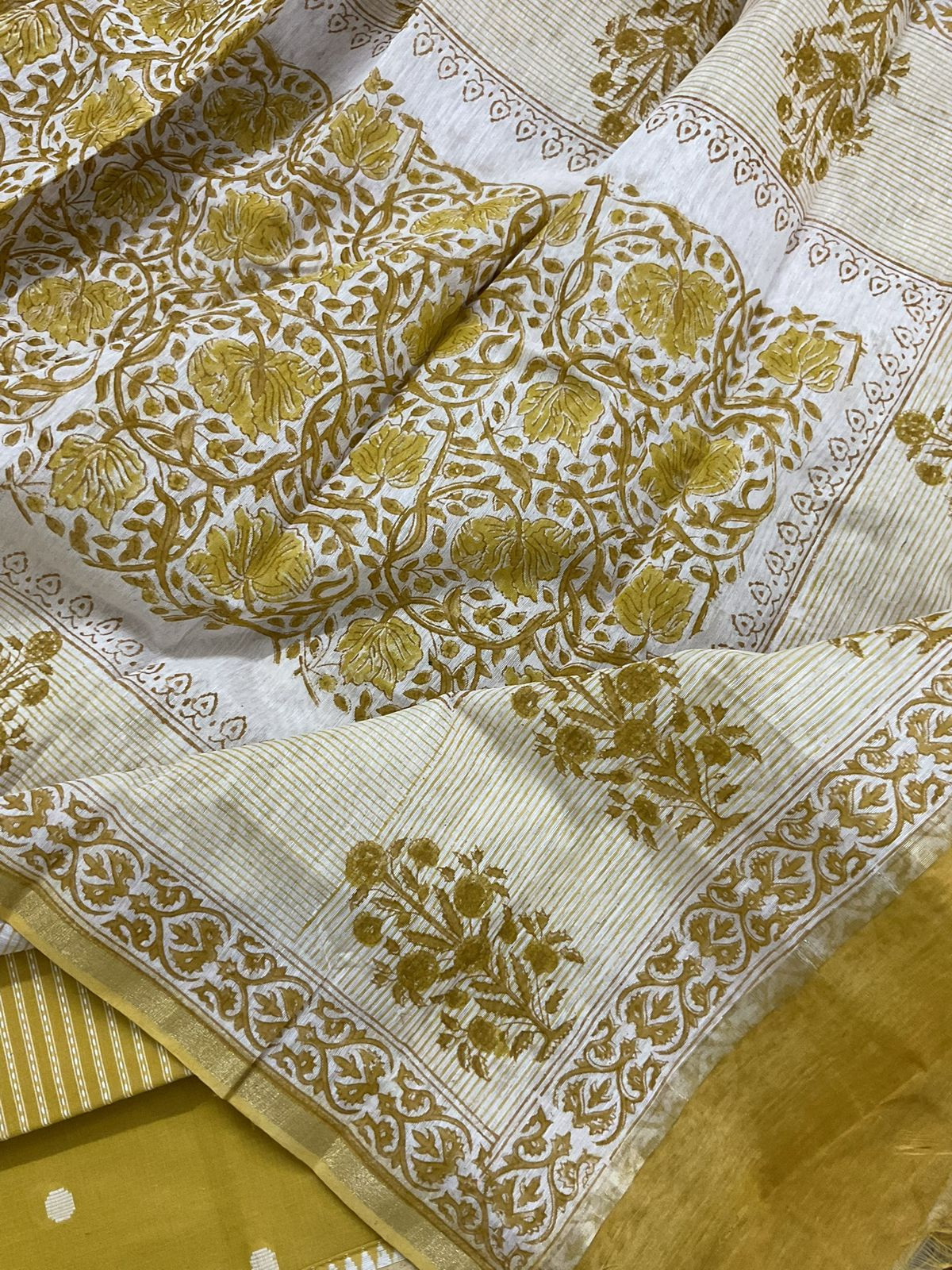Pure Handloom Cotton Printed Self Weaved Suit - Yellow