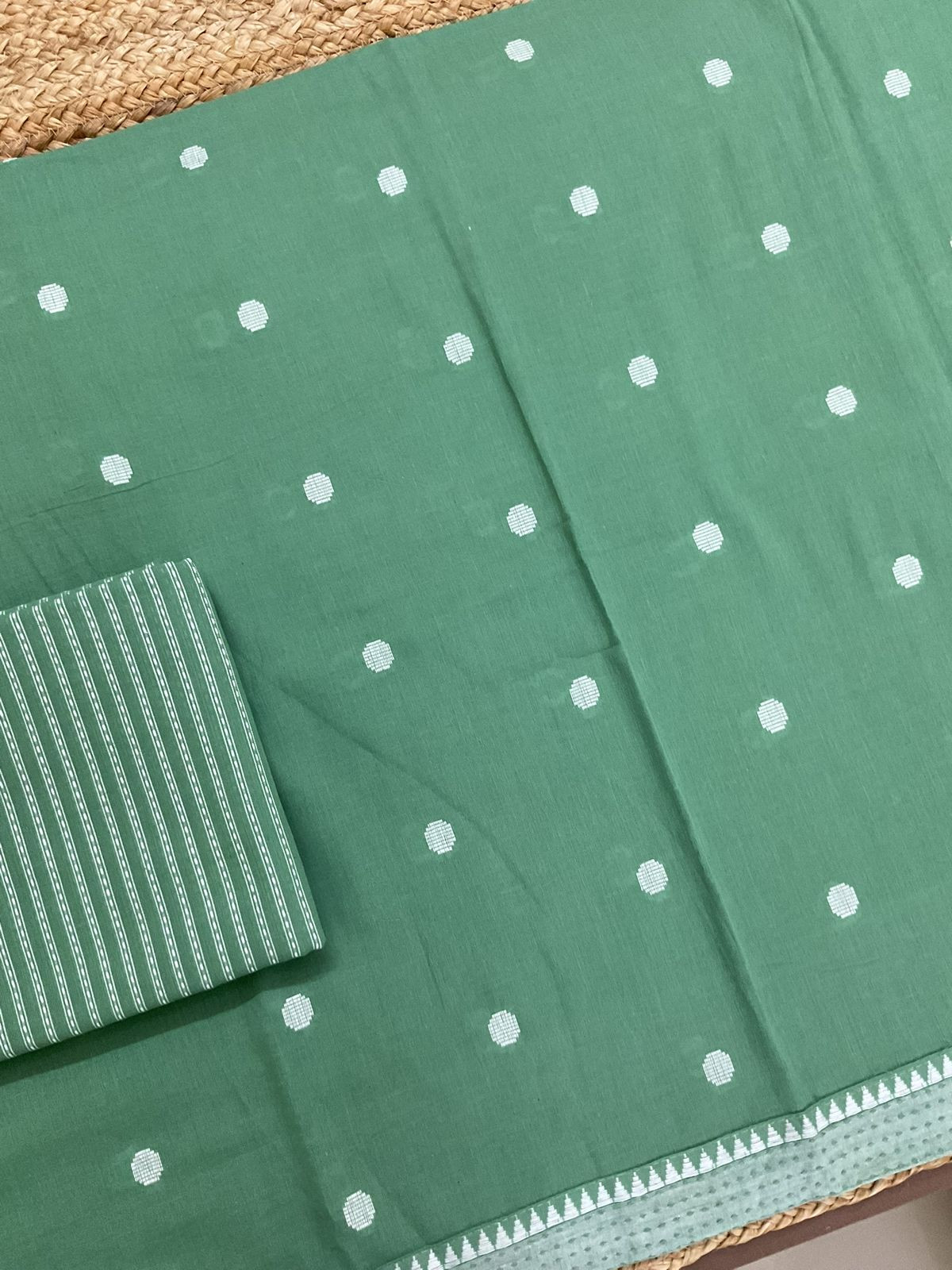 Pure Handloom Cotton Printed Self Weaved Suit - Green