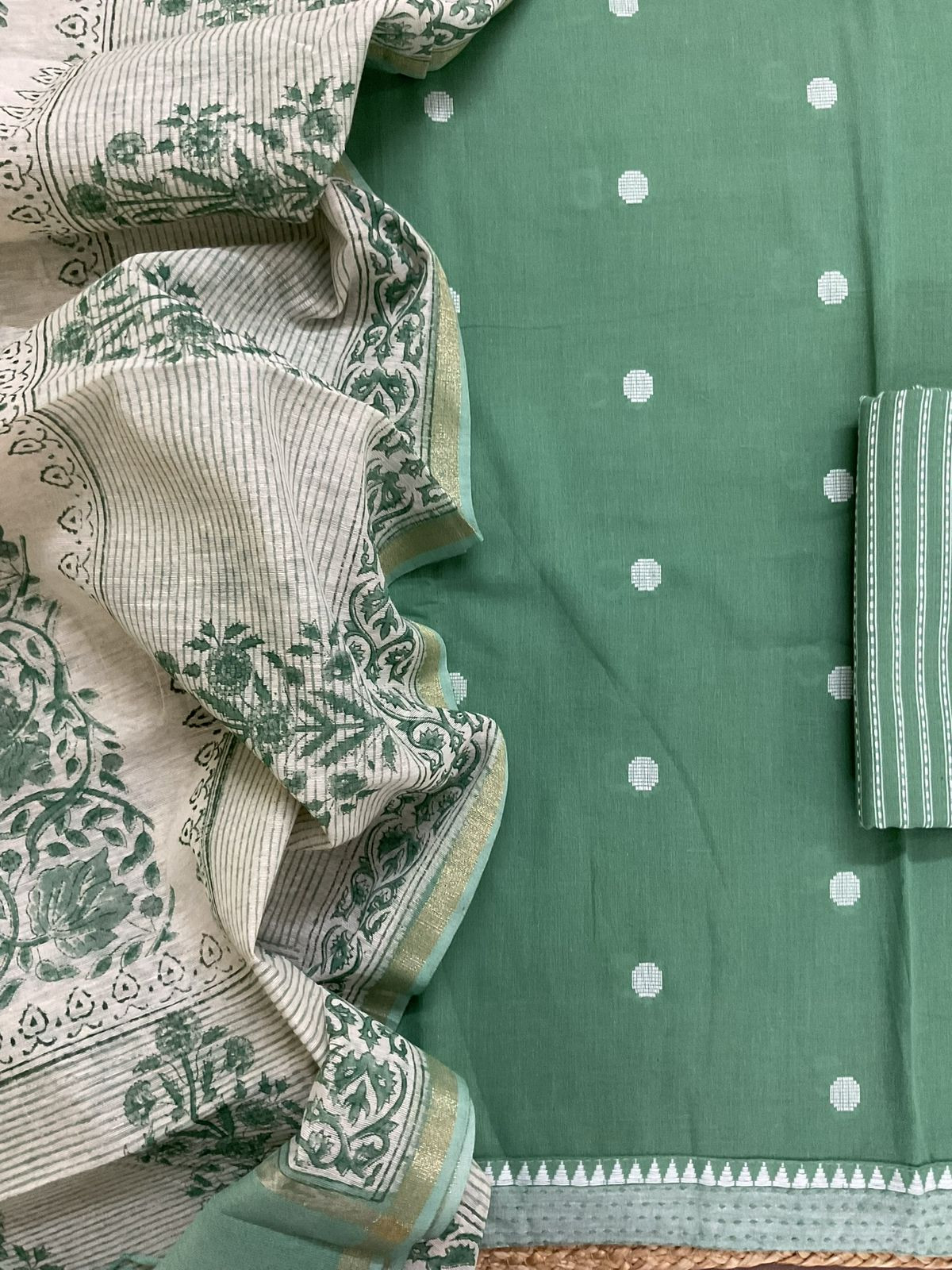 Pure Handloom Cotton Printed Self Weaved Suit - Green