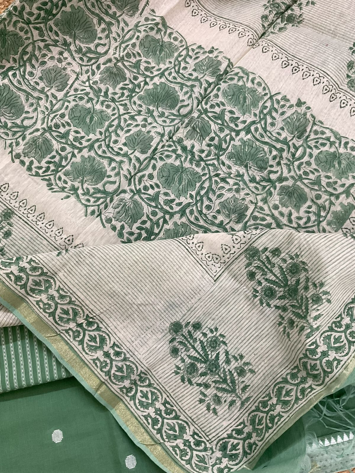 Pure Handloom Cotton Printed Self Weaved Suit - Green