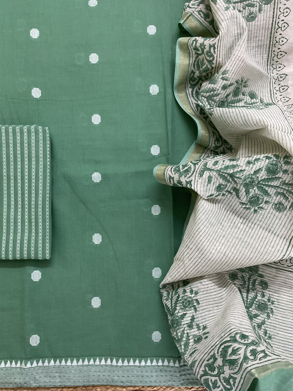 Pure Handloom Cotton Printed Self Weaved Suit - Green