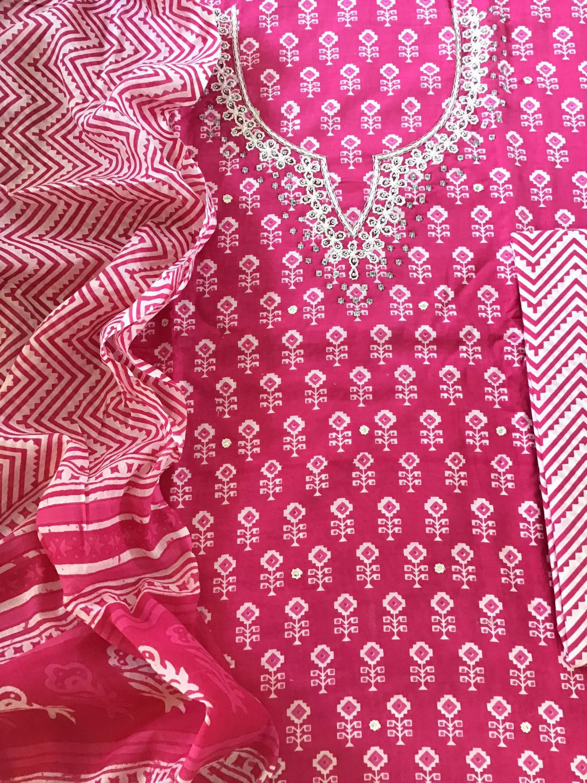 Pure Cotton Printed Embroidered Suit - Pink