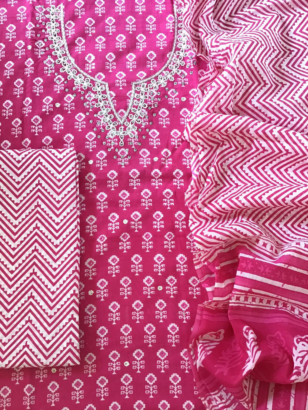 Pure Cotton Printed Embroidered Suit - Pink
