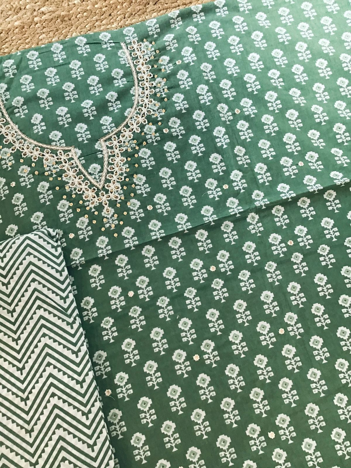 Pure Cotton Printed Embroidered Suit - Green