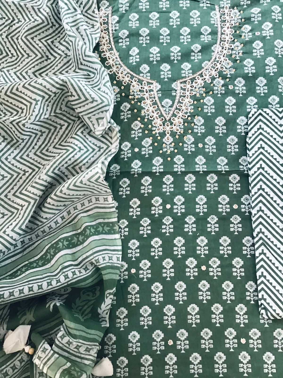 Pure Cotton Printed Embroidered Suit - Green